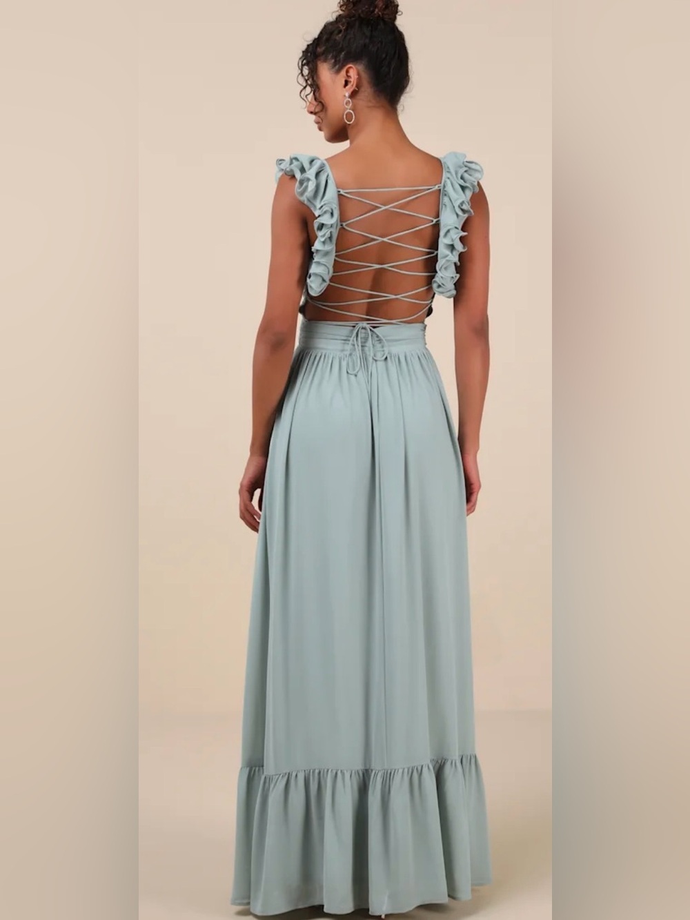 Lulus Sage Green Ruffle Lace-Up Back Maxi Dress NWT Medium - Picture 2 of 9